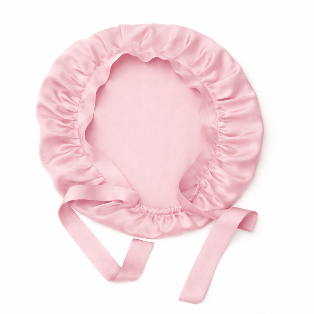 Pink bonnet with a ribbon on a white background