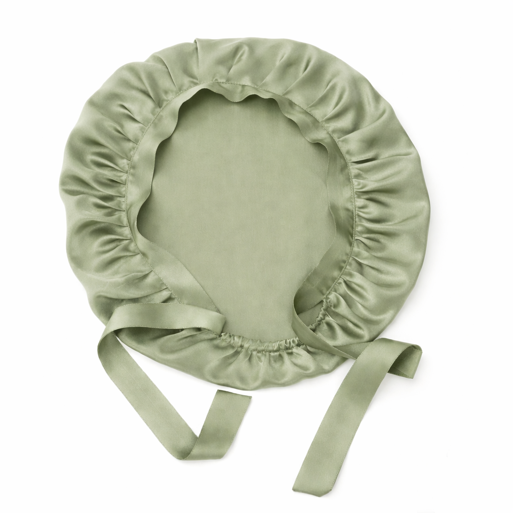 Green satin bonnet with ribbons on a white background