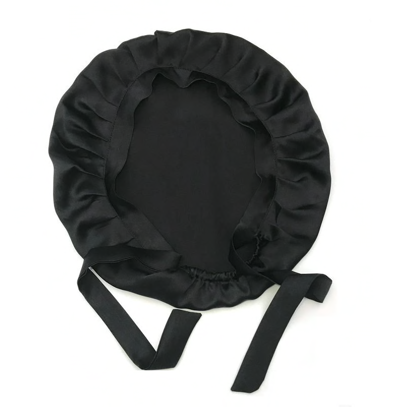 Black satin bonnet on a white background